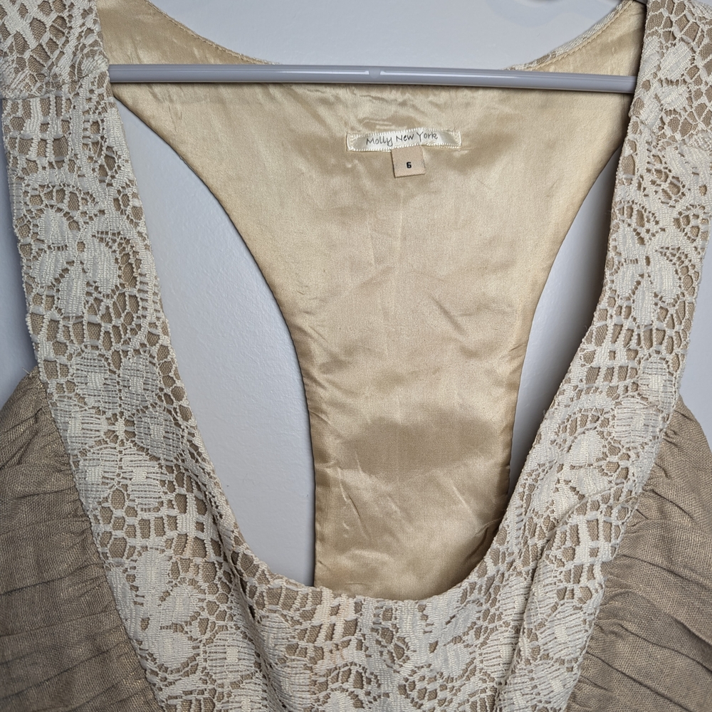 Molly New York Women's Size 6 Linen Beige Lace Detail Midi Dress - Picture 3 of 6